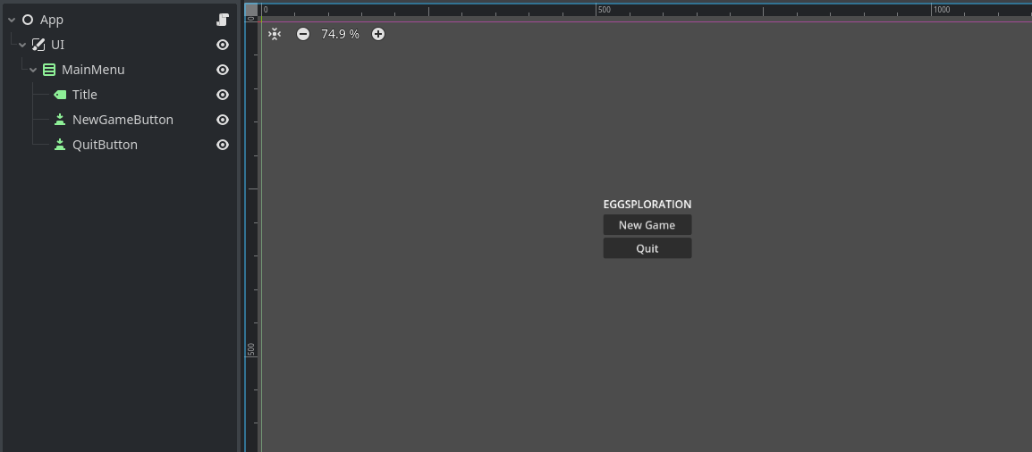 Renamed nodes in scene hierarchy, a centered main menu in the editor viewport containing the title “Eggsploration”, and the buttons New Game and Quit.