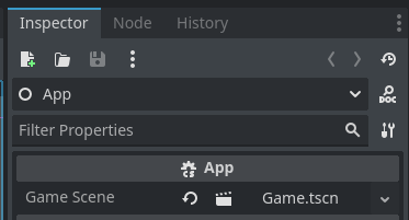 The app node in the inspector, Game Scene property is set to Game.tscn