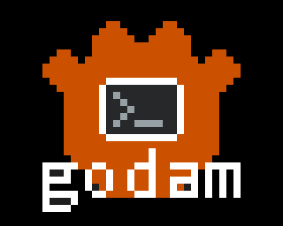 the godam logo, an orange godot robot silhouette head, captioned “godam”