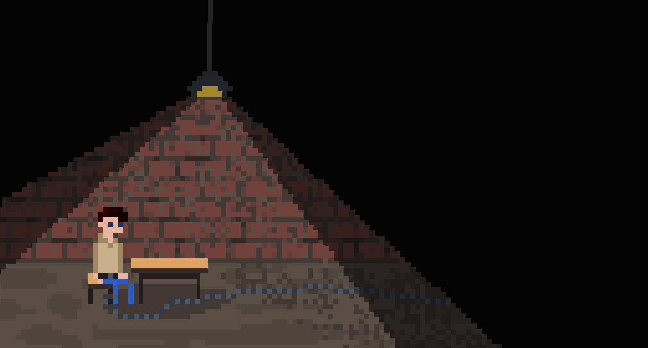 A character sitting by a table in front of a dirty brick wall background, with an overhead lamp lighting up a cone around the table. Pixel art style.